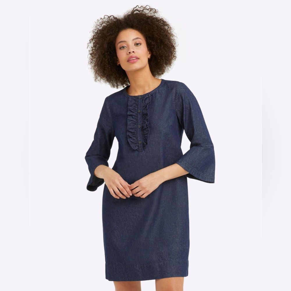 Draper James Women’s Chambray Ruffle Shift Dress Dark Wash Size 2 Flirty